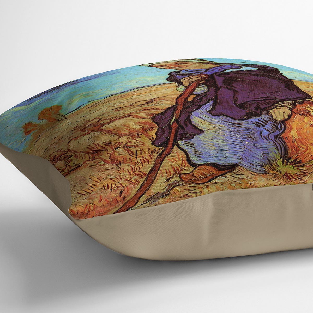 A vibrant cushion featuring Van Gogh's The Shepherdess after Millet design, made from luxurious vegan faux suede.
