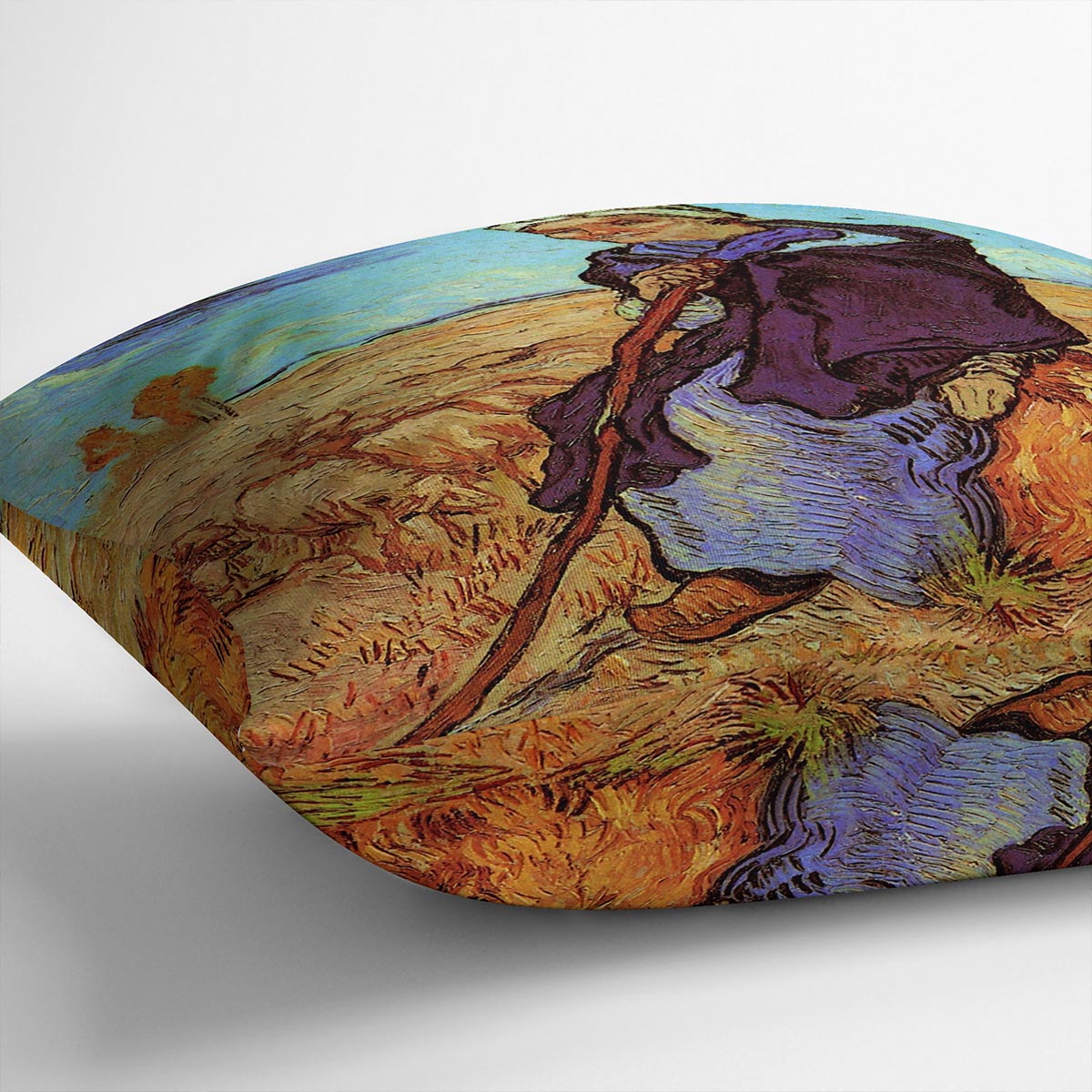 A vibrant cushion featuring Van Gogh's The Shepherdess after Millet design, made from luxurious vegan faux suede.