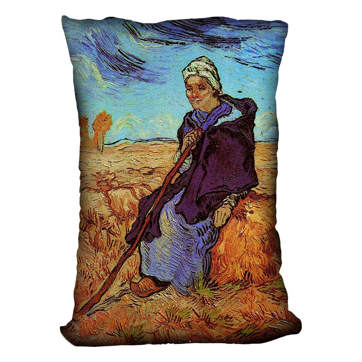 A vibrant cushion featuring Van Gogh's The Shepherdess after Millet design, made from luxurious vegan faux suede.