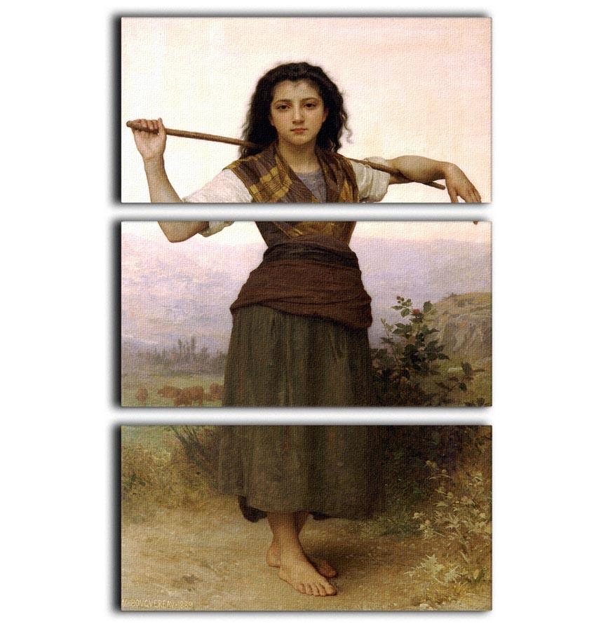 The Shepherdess By Bouguereau 3 Split Panel Canvas Print showcasing a serene pastoral scene across three panels.