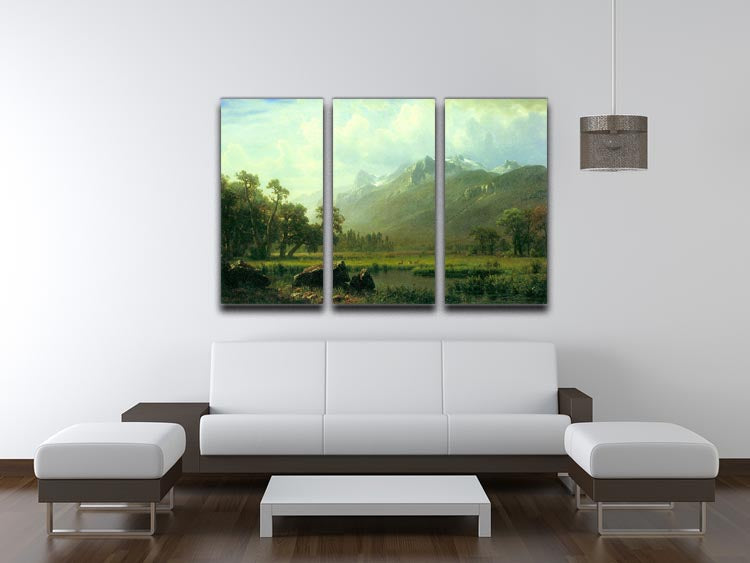 Three-panel canvas art featuring The Sierra near Lake Tahoe by Bierstadt, showcasing vibrant colors and stunning natural scenery.