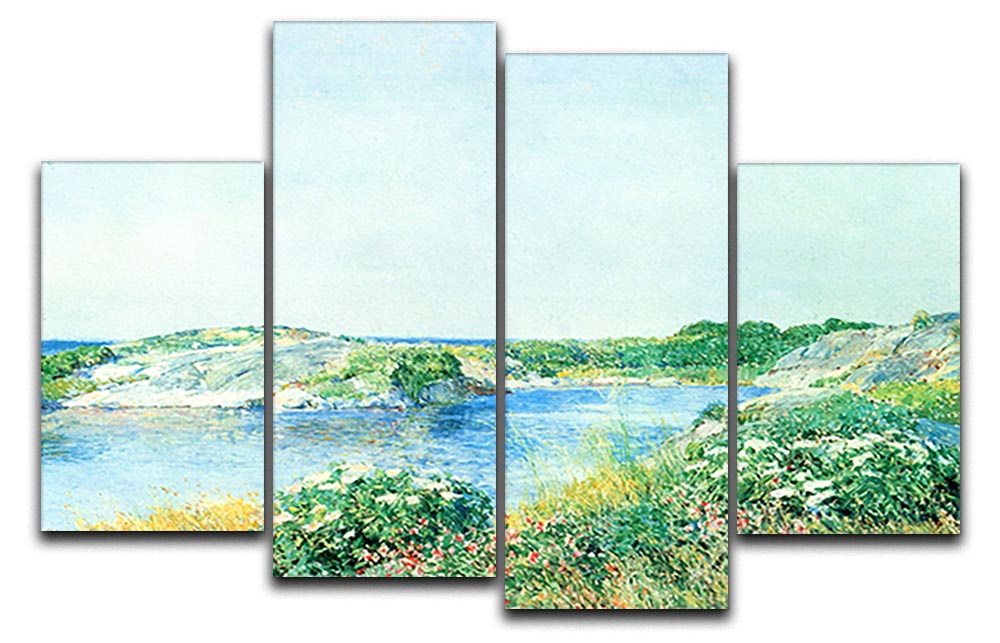 The Small Pond by Hassam 4 Split Panel Canvas artwork displayed in a modern living room setting.