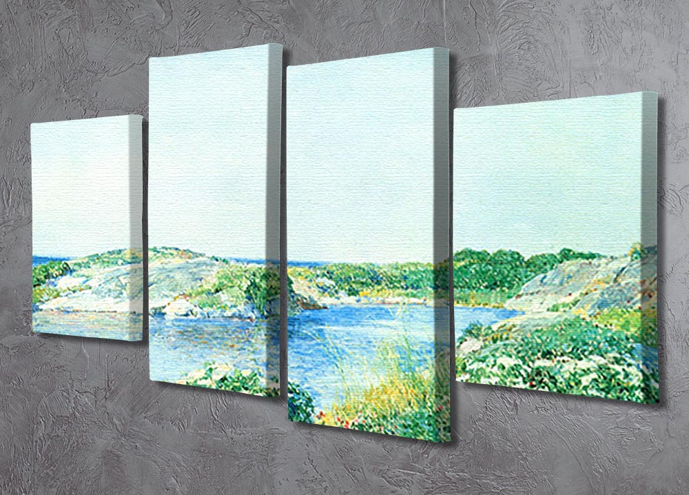 The Small Pond by Hassam 4 Split Panel Canvas artwork displayed in a modern living room setting.