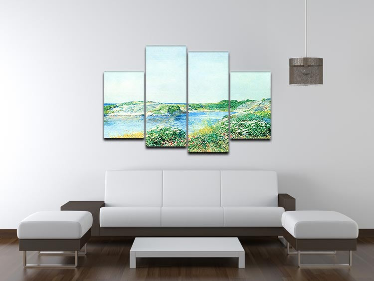 The Small Pond by Hassam 4 Split Panel Canvas artwork displayed in a modern living room setting.