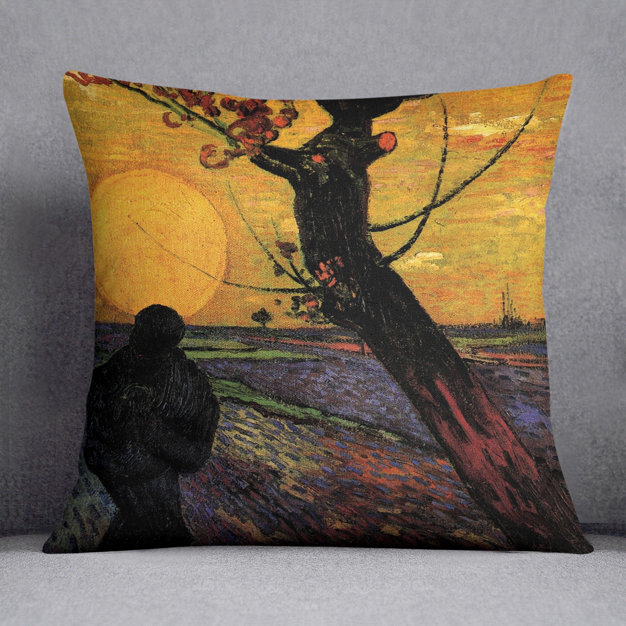 The Sower 2 by Van Gogh cushion featuring vibrant colors and luxurious vegan faux suede material, perfect for home decor.