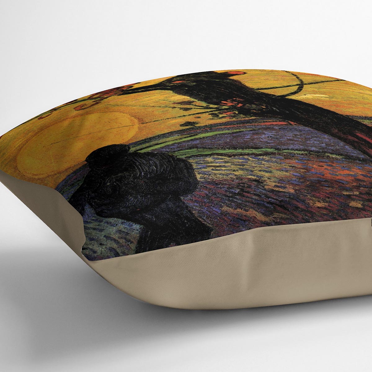The Sower 2 by Van Gogh cushion featuring vibrant colors and luxurious vegan faux suede material, perfect for home decor.