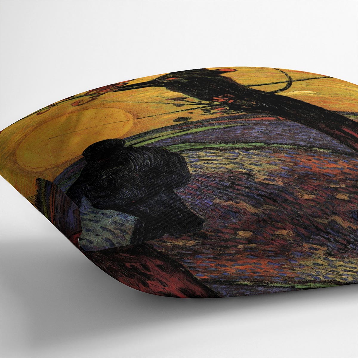 The Sower 2 by Van Gogh cushion featuring vibrant colors and luxurious vegan faux suede material, perfect for home decor.