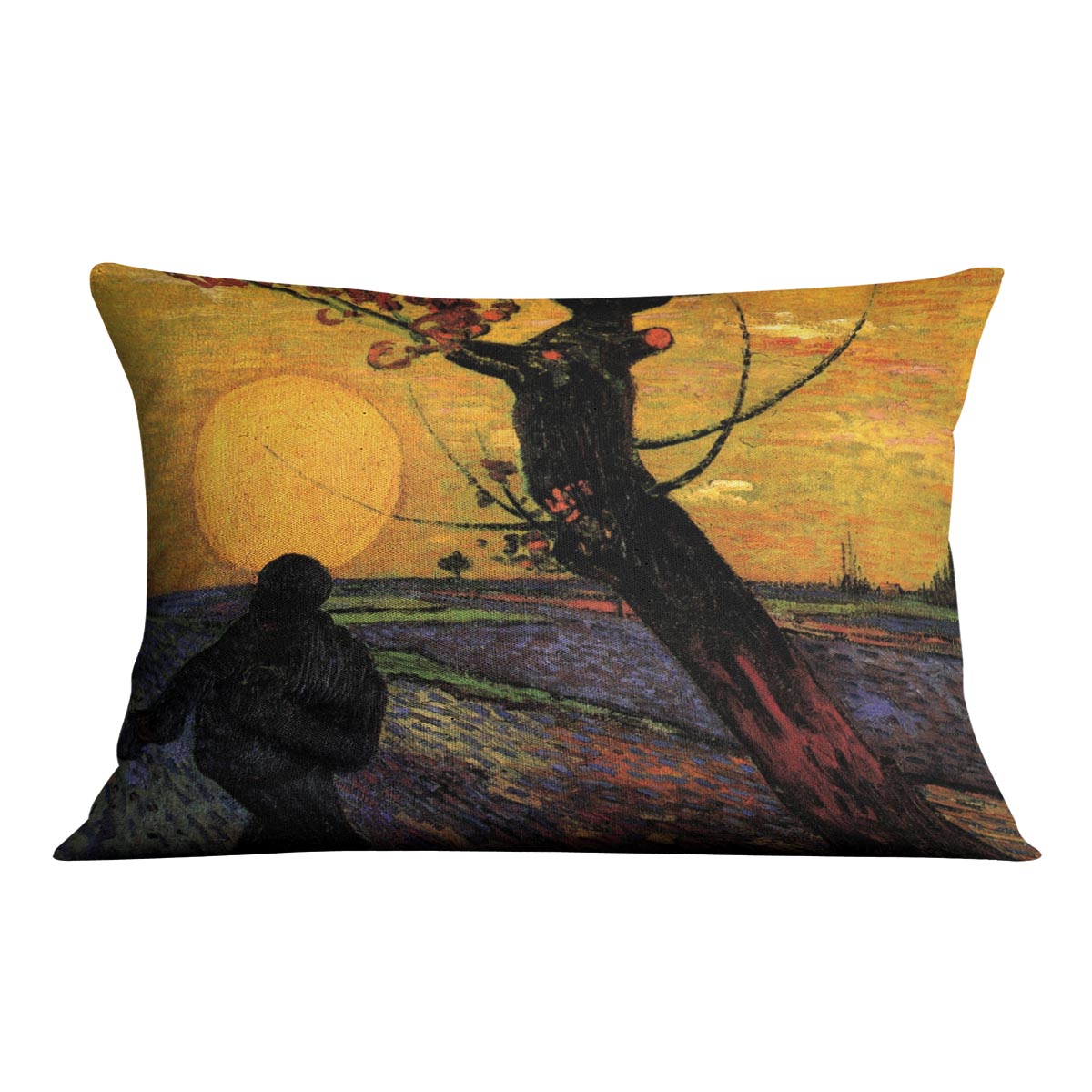 The Sower 2 by Van Gogh cushion featuring vibrant colors and luxurious vegan faux suede material, perfect for home decor.