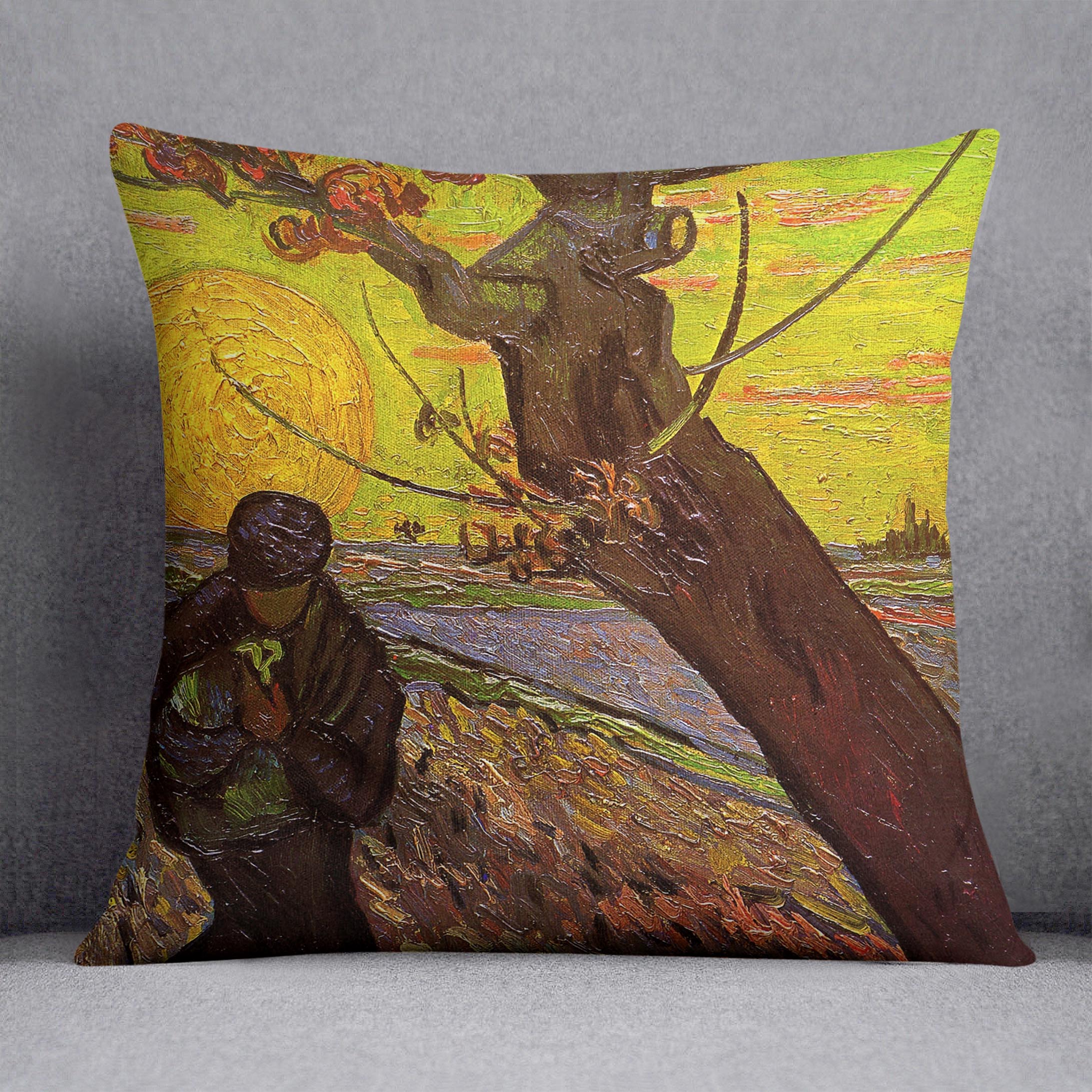 A vibrant cushion featuring Van Gogh's The Sower artwork, made from luxurious vegan faux suede, showcasing rich colors and intricate details.