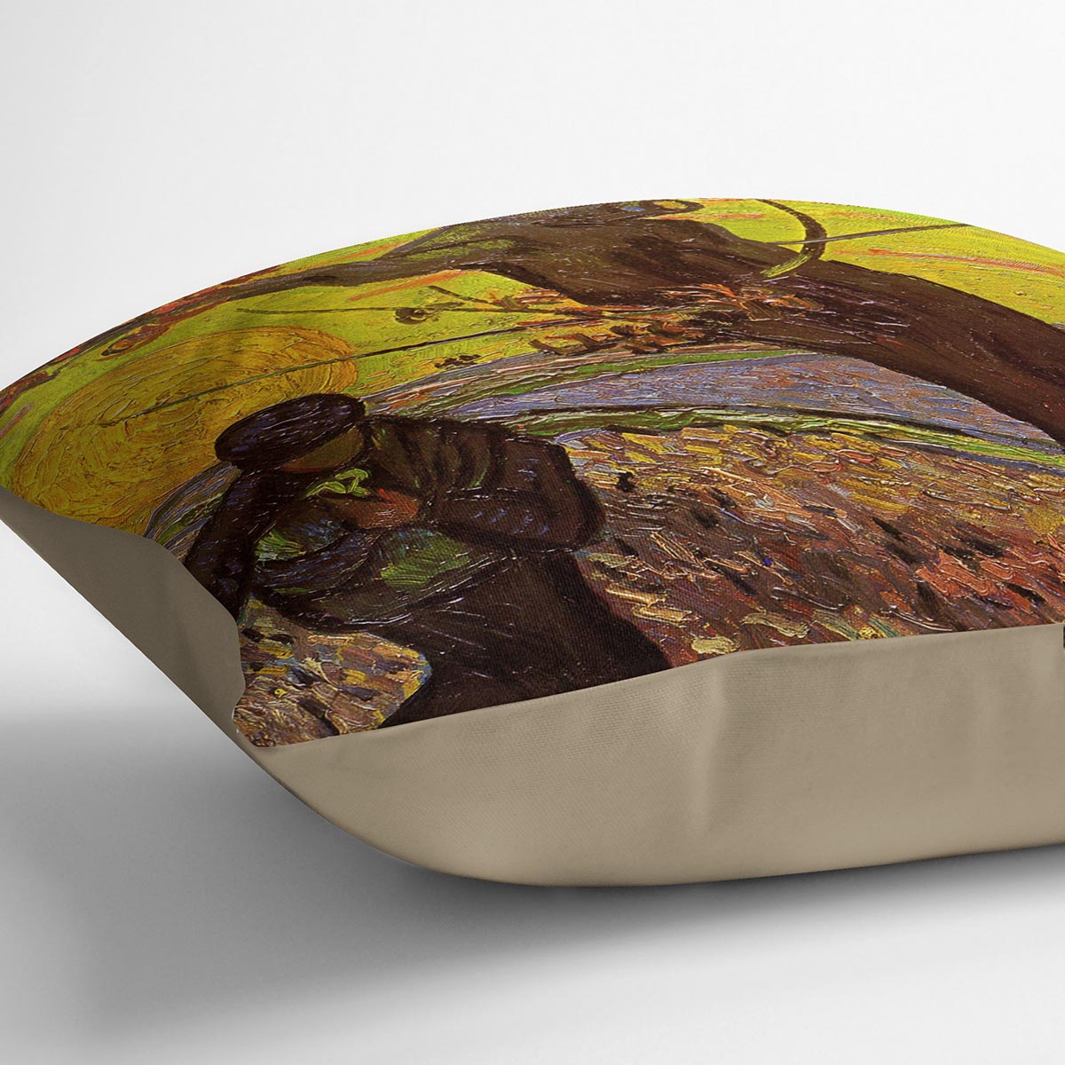 A vibrant cushion featuring Van Gogh's The Sower artwork, made from luxurious vegan faux suede, showcasing rich colors and intricate details.