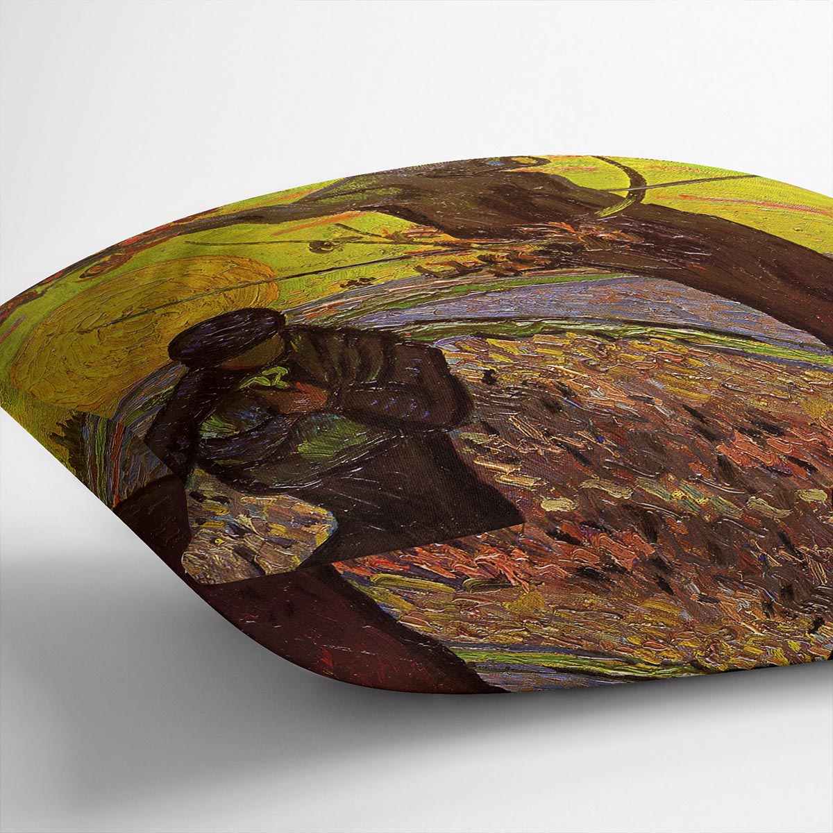 A vibrant cushion featuring Van Gogh's The Sower artwork, made from luxurious vegan faux suede, showcasing rich colors and intricate details.