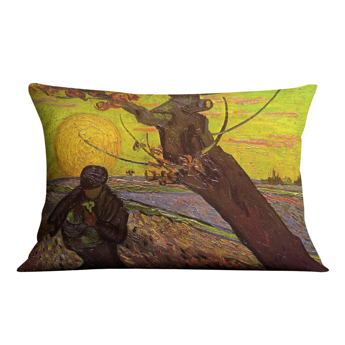 A vibrant cushion featuring Van Gogh's The Sower artwork, made from luxurious vegan faux suede, showcasing rich colors and intricate details.