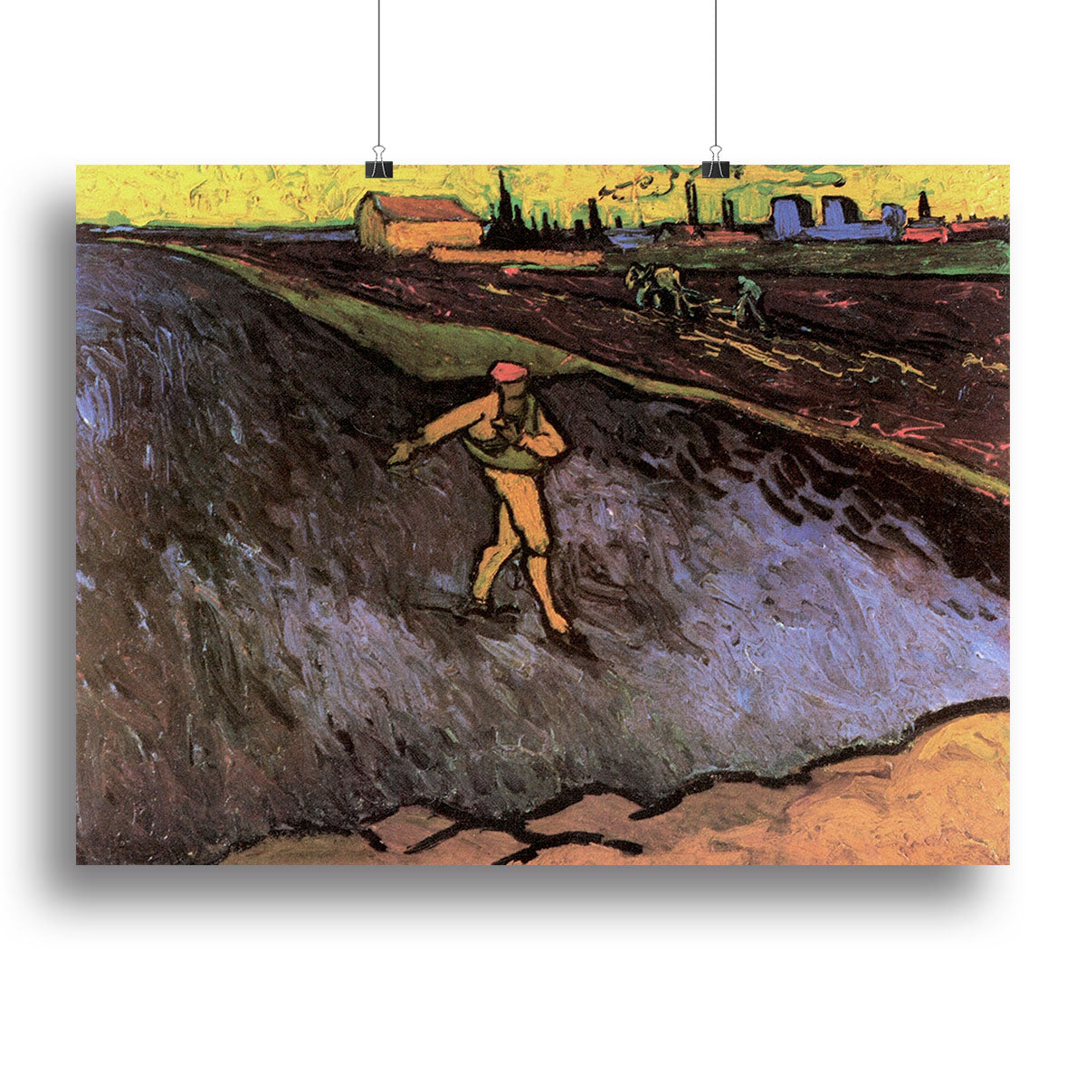 Canvas print of Van Gogh's The Sower with vibrant colors and Arles landscape in the background.