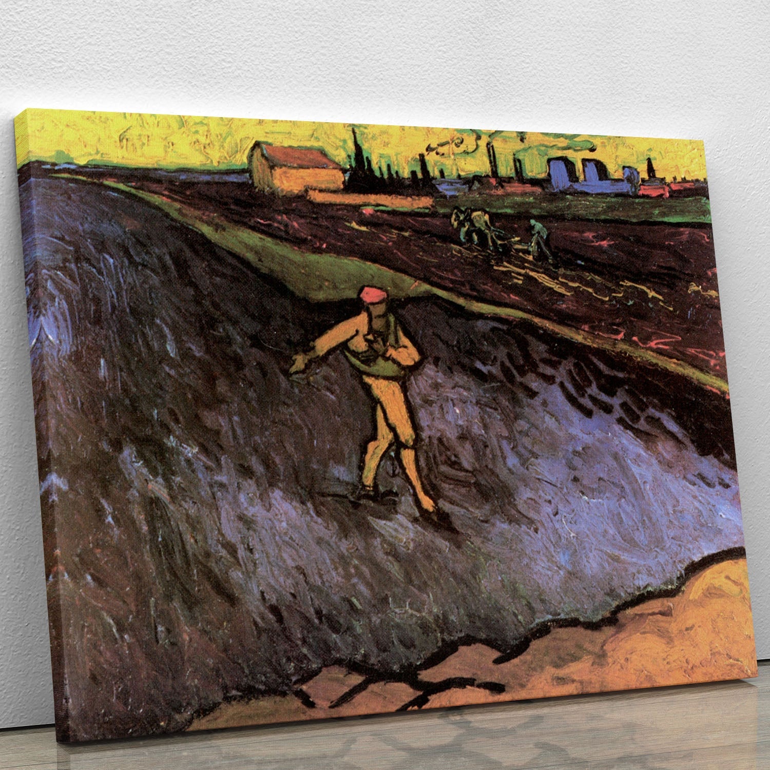 Canvas print of Van Gogh's The Sower with vibrant colors and Arles landscape in the background.