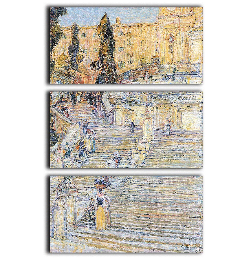 A stunning 3-panel canvas print of The Spanish Steps by Hassam, showcasing vibrant colors and intricate details, perfect for home decor.