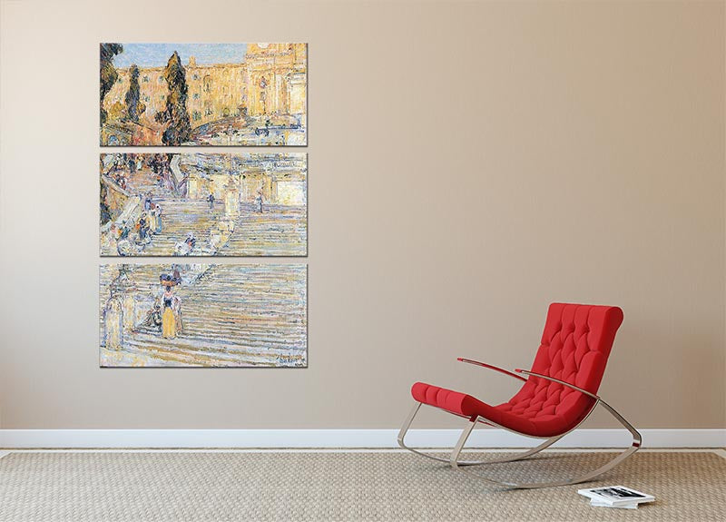 A stunning 3-panel canvas print of The Spanish Steps by Hassam, showcasing vibrant colors and intricate details, perfect for home decor.