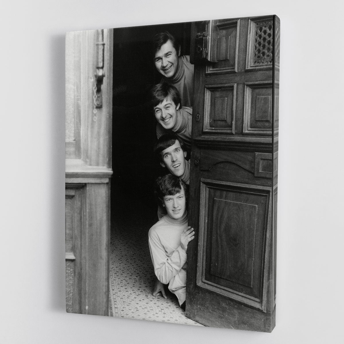Canvas print of The Spencer Davis Group in doorway, showcasing vibrant colors and iconic band imagery.