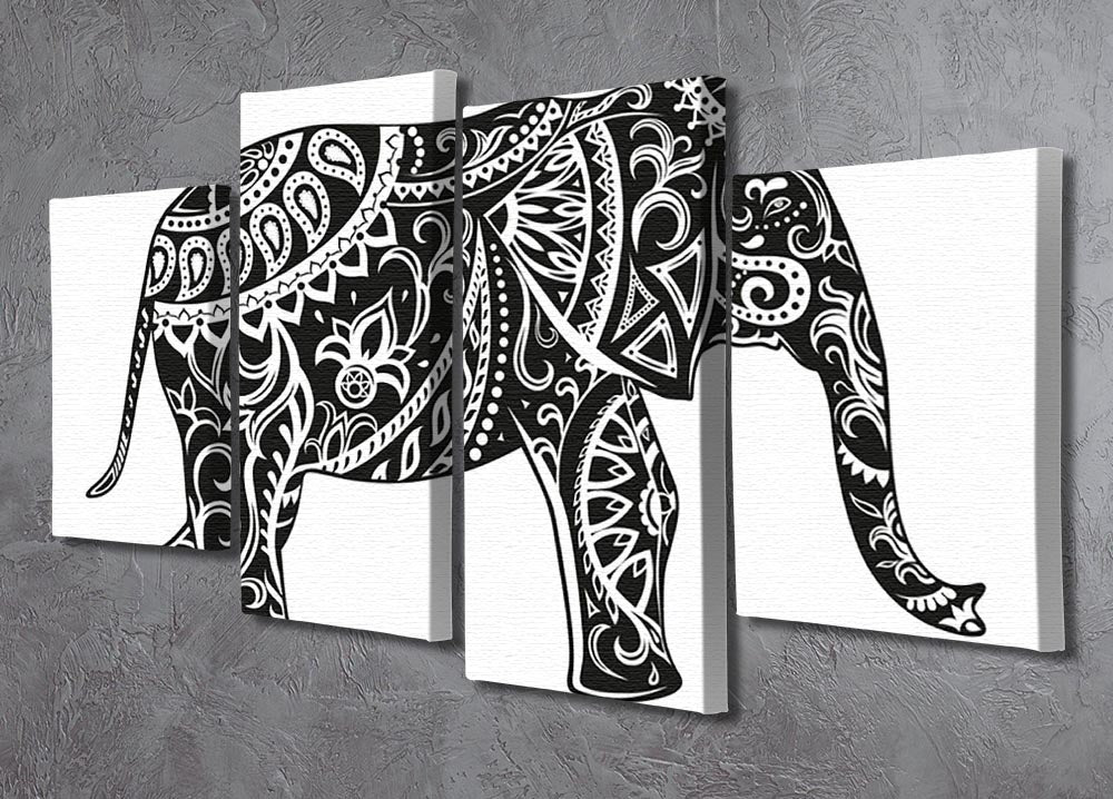 Stylized elephant artwork in festive patterns on a 4-split canvas, showcasing vibrant colors and intricate designs.