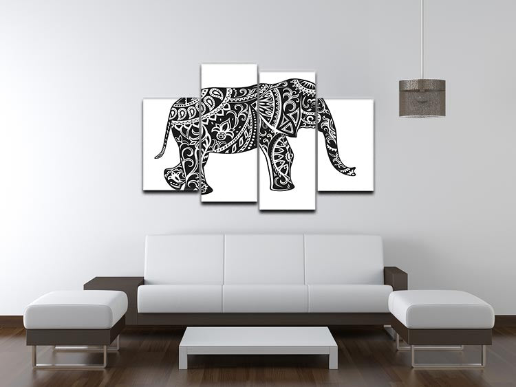 Stylized elephant artwork in festive patterns on a 4-split canvas, showcasing vibrant colors and intricate designs.