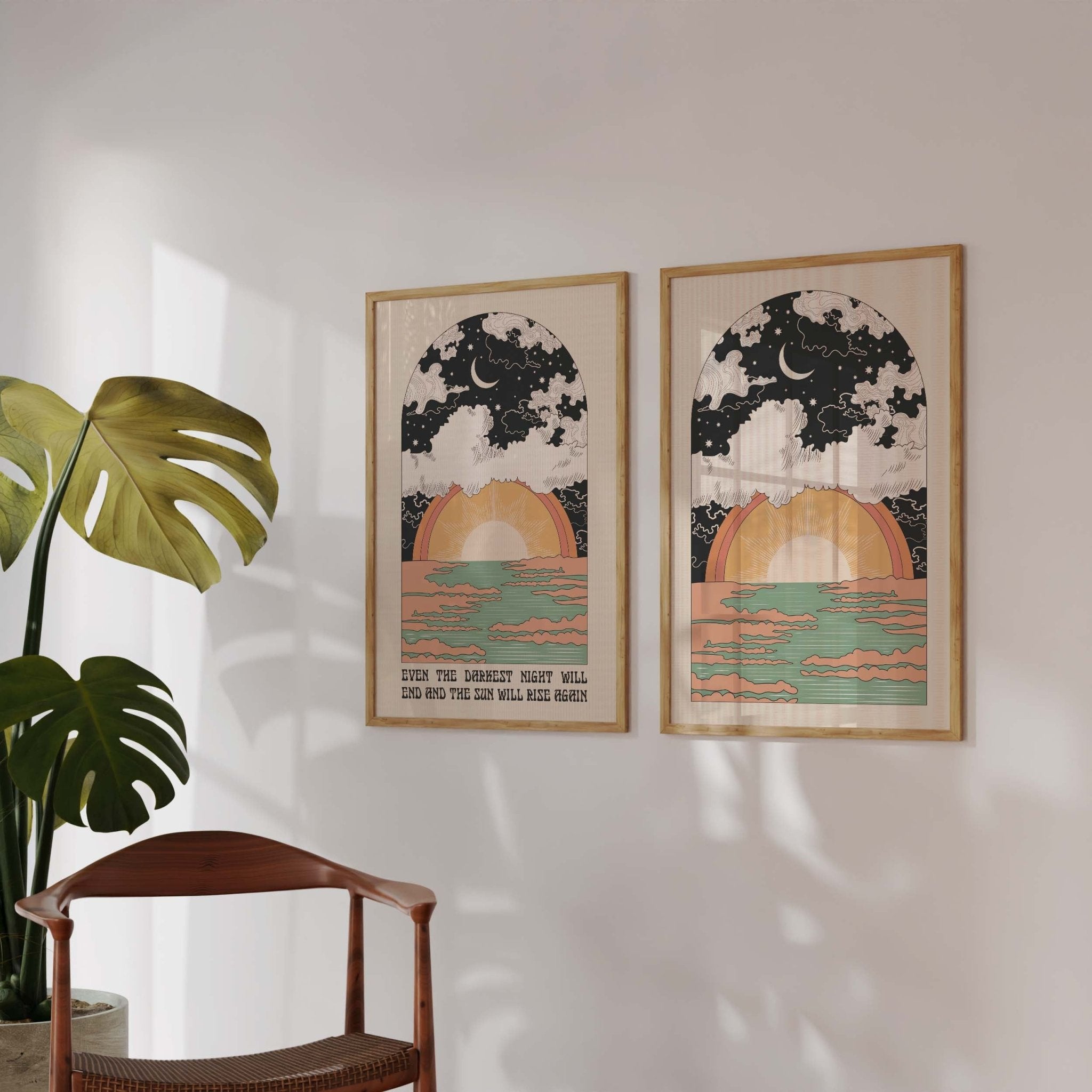 The Sun Will Rise Art Print featuring an illustrated Sun and Moon with uplifting typography.