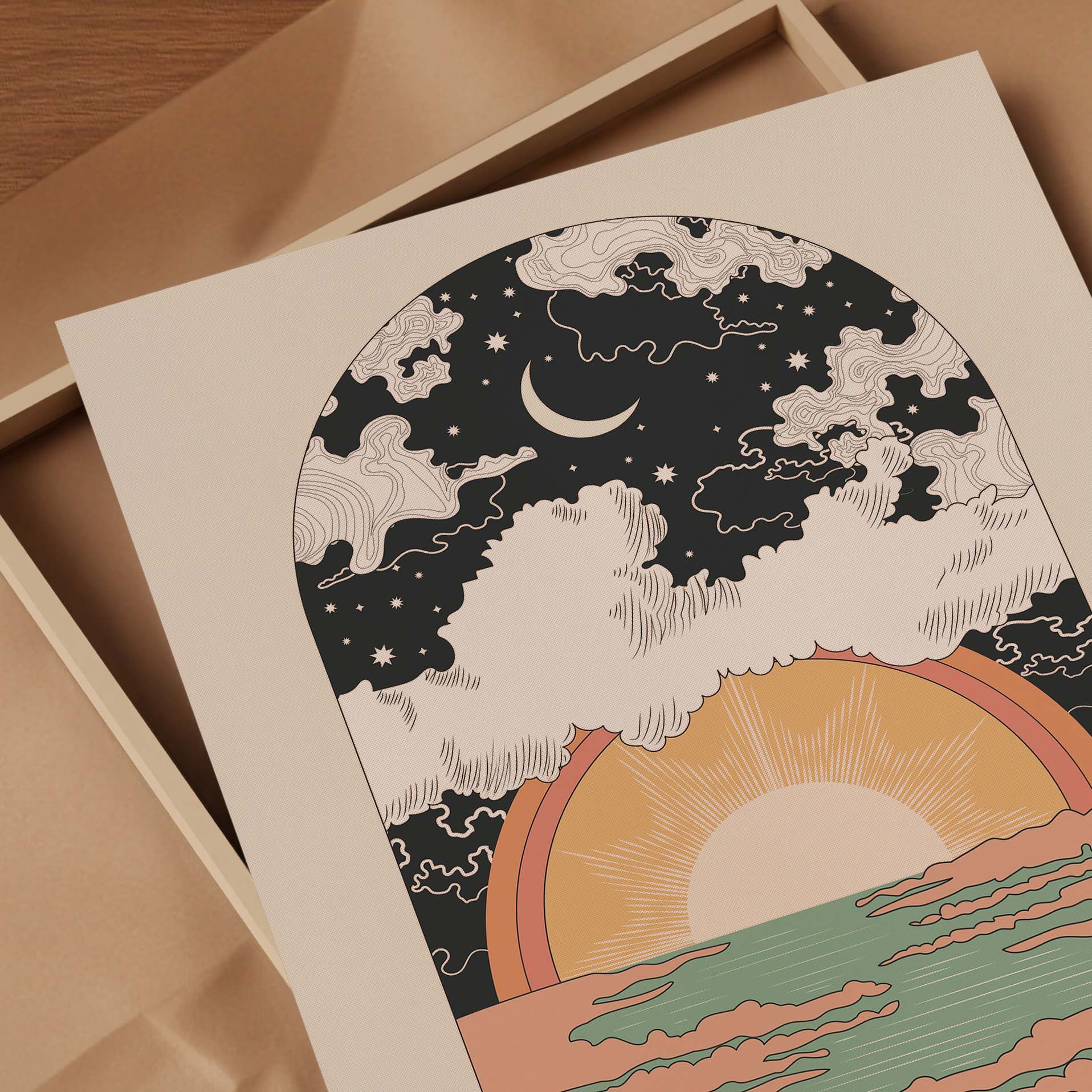 The Sun Will Rise Art Print featuring an illustrated Sun and Moon with uplifting typography.