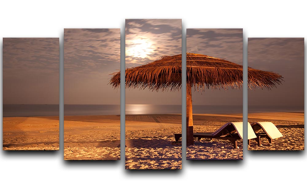 A beautiful sunset beach landscape divided into five panels, showcasing vibrant colors and serene ocean views.