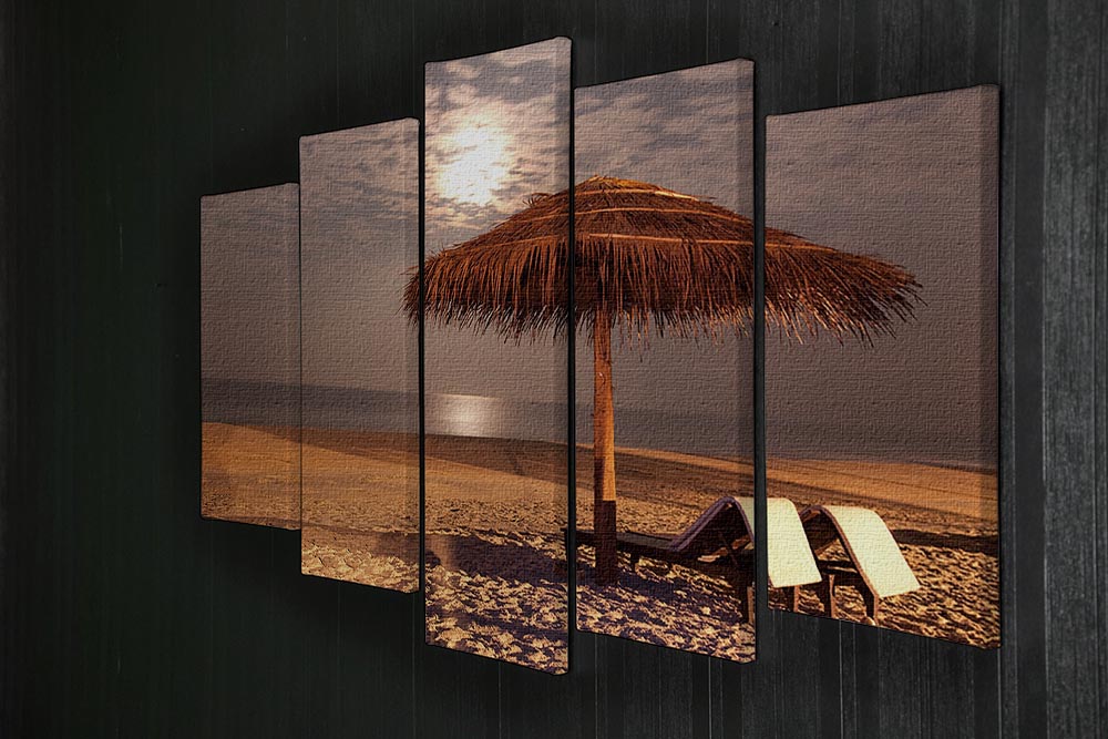 A beautiful sunset beach landscape divided into five panels, showcasing vibrant colors and serene ocean views.