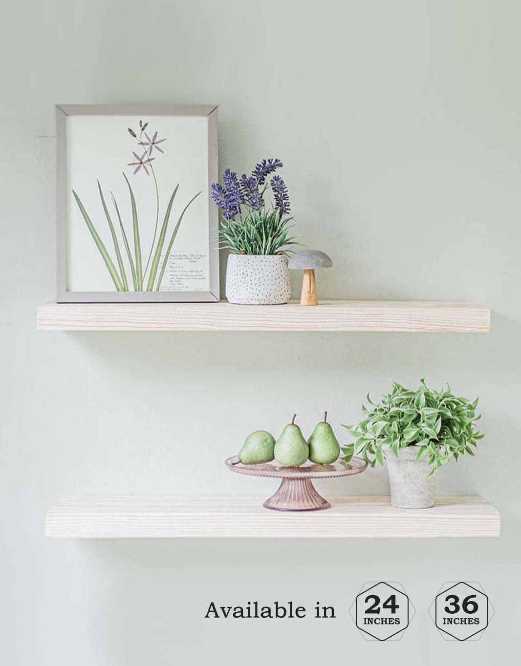 The Suzy Floating Shelves in rustic white-wash finish, showcasing handcrafted wood with a clean design, perfect for wall mounting.