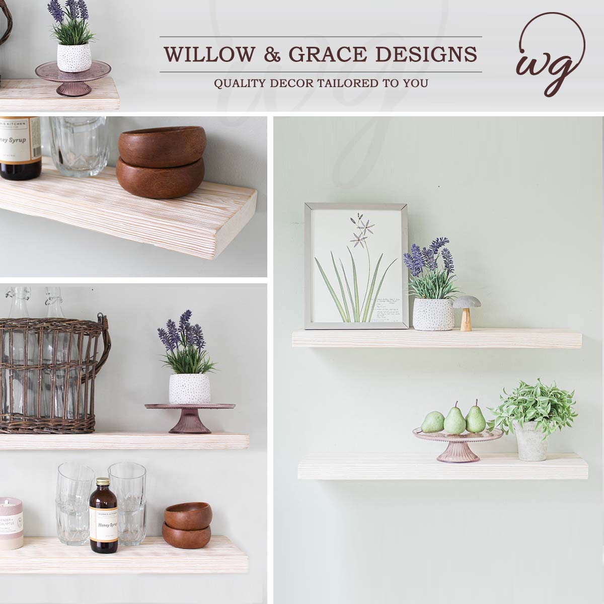 The Suzy Floating Shelves in rustic white-wash finish, showcasing handcrafted wood with a clean design, perfect for wall mounting.