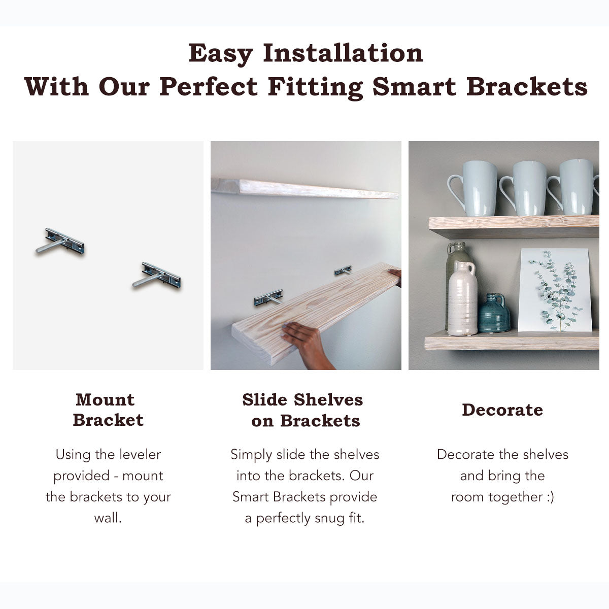 The Suzy Floating Shelves in rustic white-wash finish, showcasing handcrafted wood with a clean design, perfect for wall mounting.