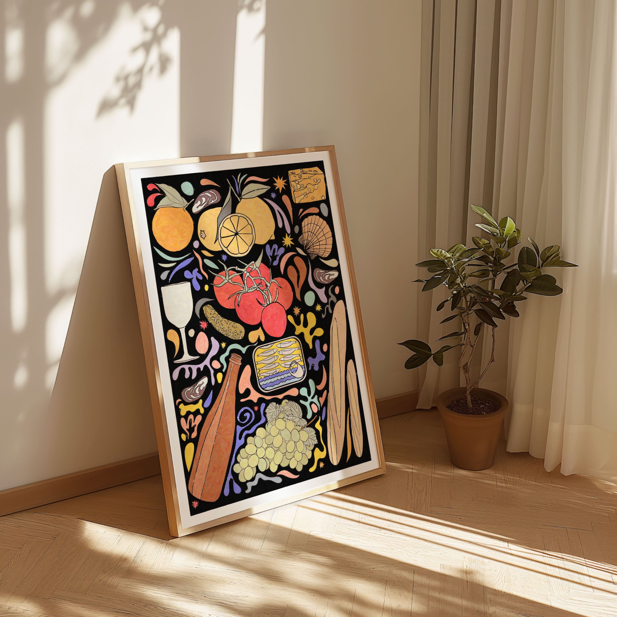 A vibrant Mediterranean-themed art print depicting summer foods and picnic scenes, perfect for home decor.