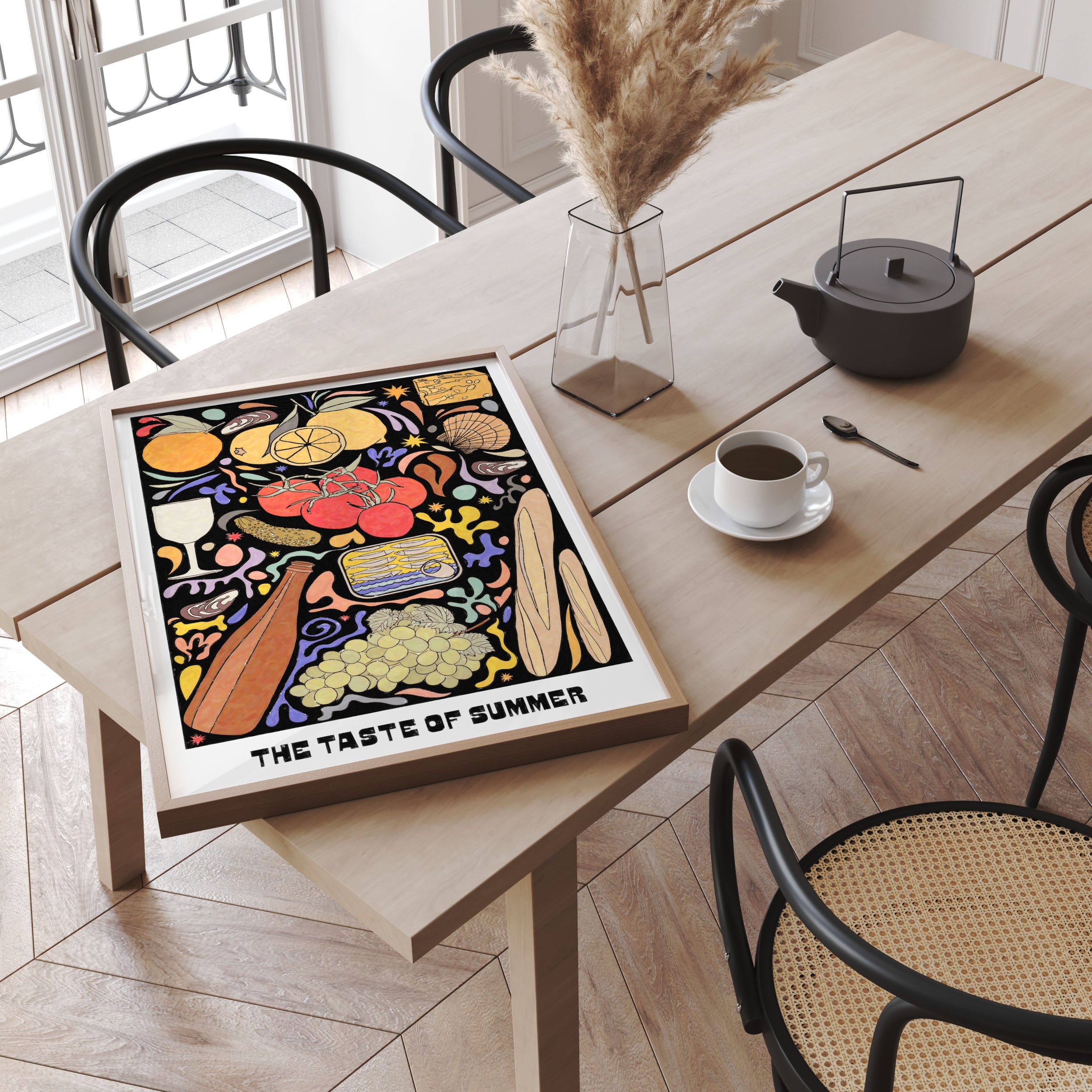A vibrant Mediterranean-themed art print depicting summer foods and picnic scenes, perfect for home decor.