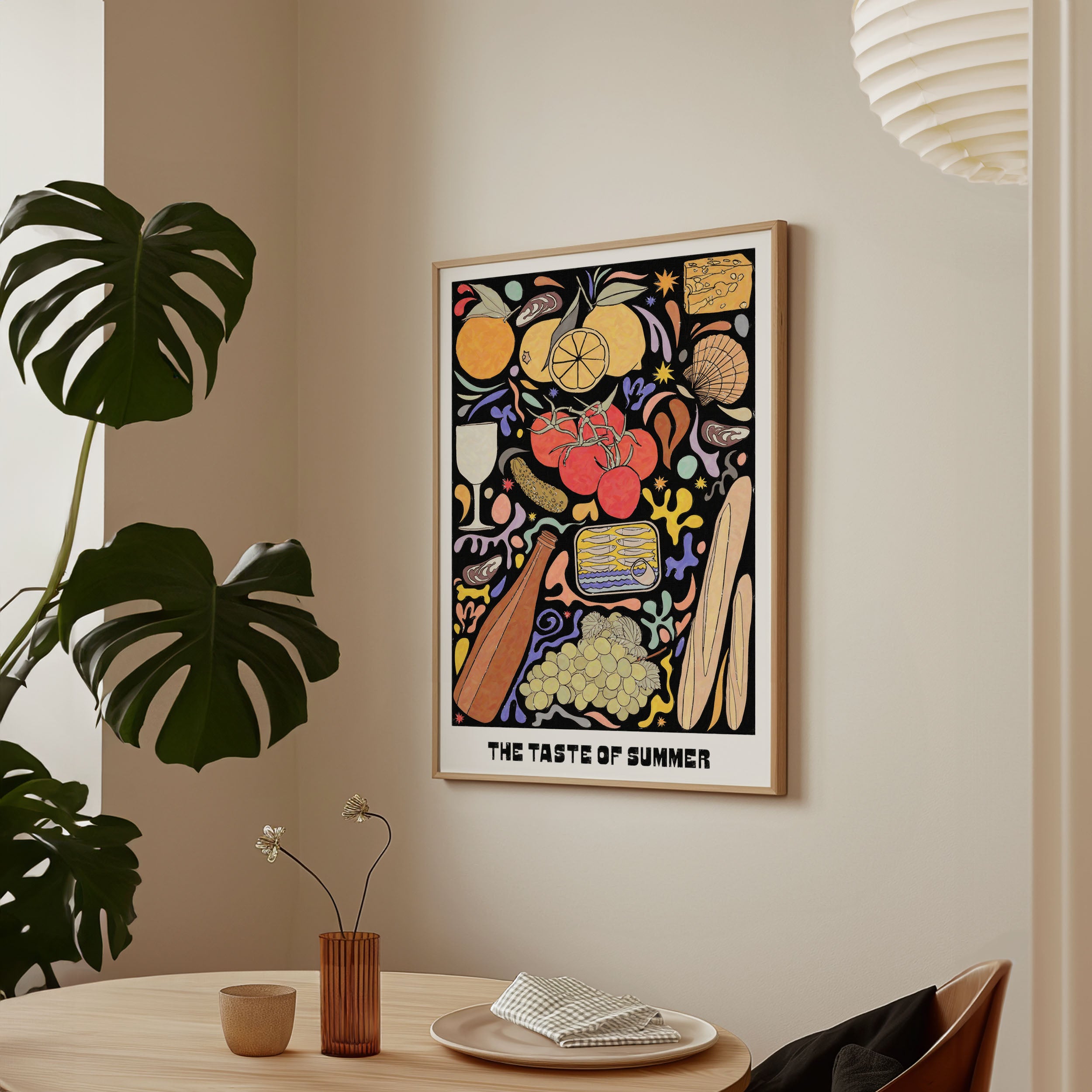 A vibrant Mediterranean-themed art print depicting summer foods and picnic scenes, perfect for home decor.
