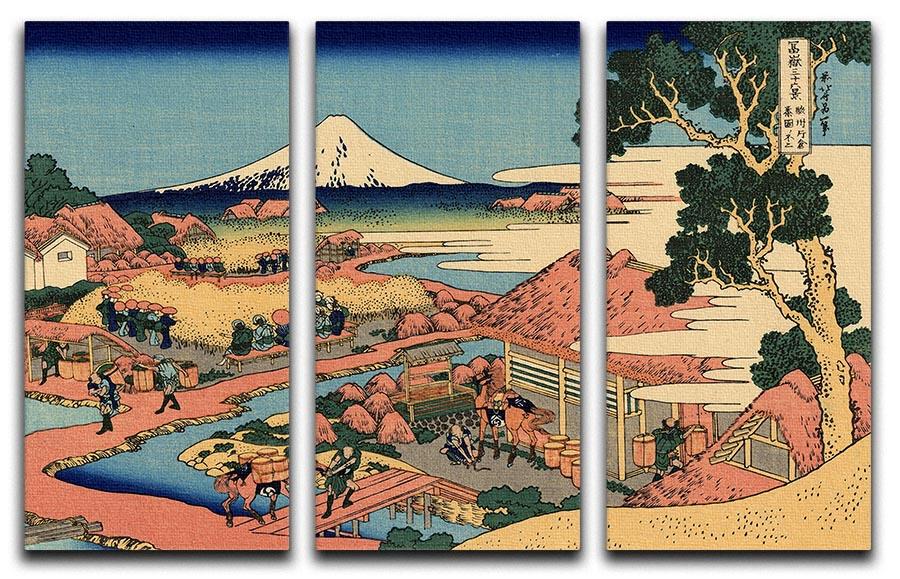Three-panel canvas print of The Tea Plantation by Hokusai, showcasing vibrant colors and intricate details.