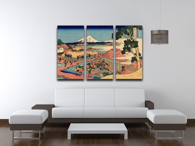 Three-panel canvas print of The Tea Plantation by Hokusai, showcasing vibrant colors and intricate details.