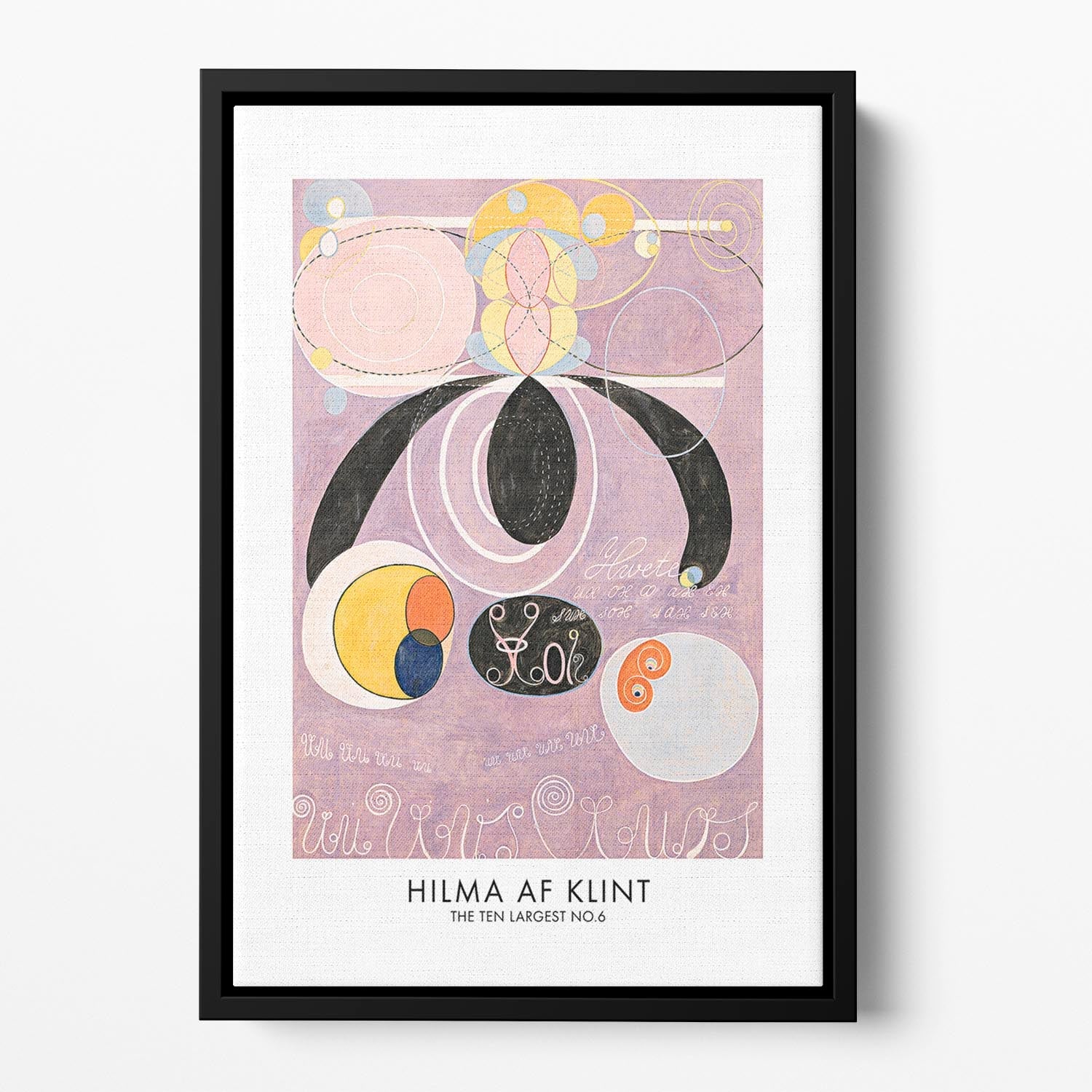 The Ten Largest No.6 Poster Floating Framed Canvas featuring vibrant abstract art in an elegant wooden frame.