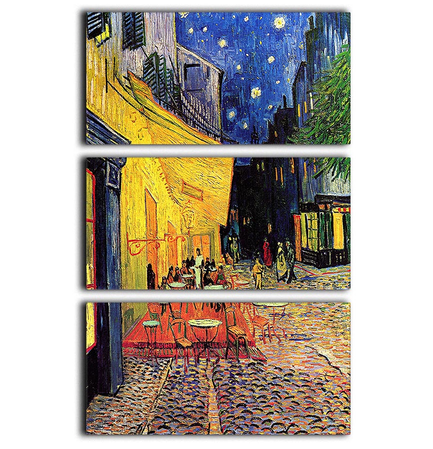 Three-panel canvas print of Van Gogh's The Terrace Cafe, showcasing vibrant colors and intricate details.