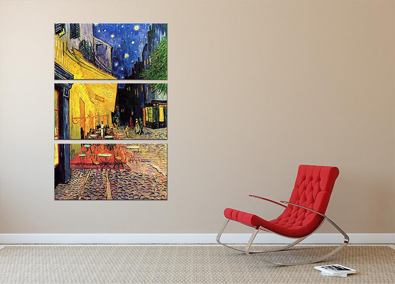 Three-panel canvas print of Van Gogh's The Terrace Cafe, showcasing vibrant colors and intricate details.