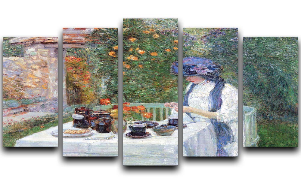 The Terre-Cuits Tea Set by Hassam, a vibrant 5-split canvas artwork showcasing tea culture in a dynamic arrangement.