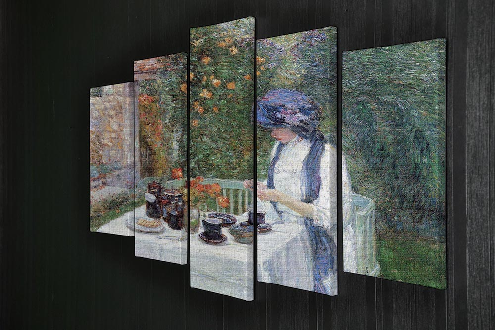 The Terre-Cuits Tea Set by Hassam, a vibrant 5-split canvas artwork showcasing tea culture in a dynamic arrangement.