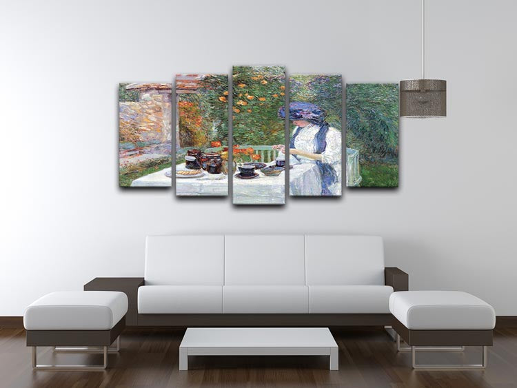 The Terre-Cuits Tea Set by Hassam, a vibrant 5-split canvas artwork showcasing tea culture in a dynamic arrangement.