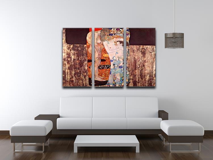 Three Ages of a Woman by Klimt, 3-panel canvas print showcasing elegant art in a modern setting.