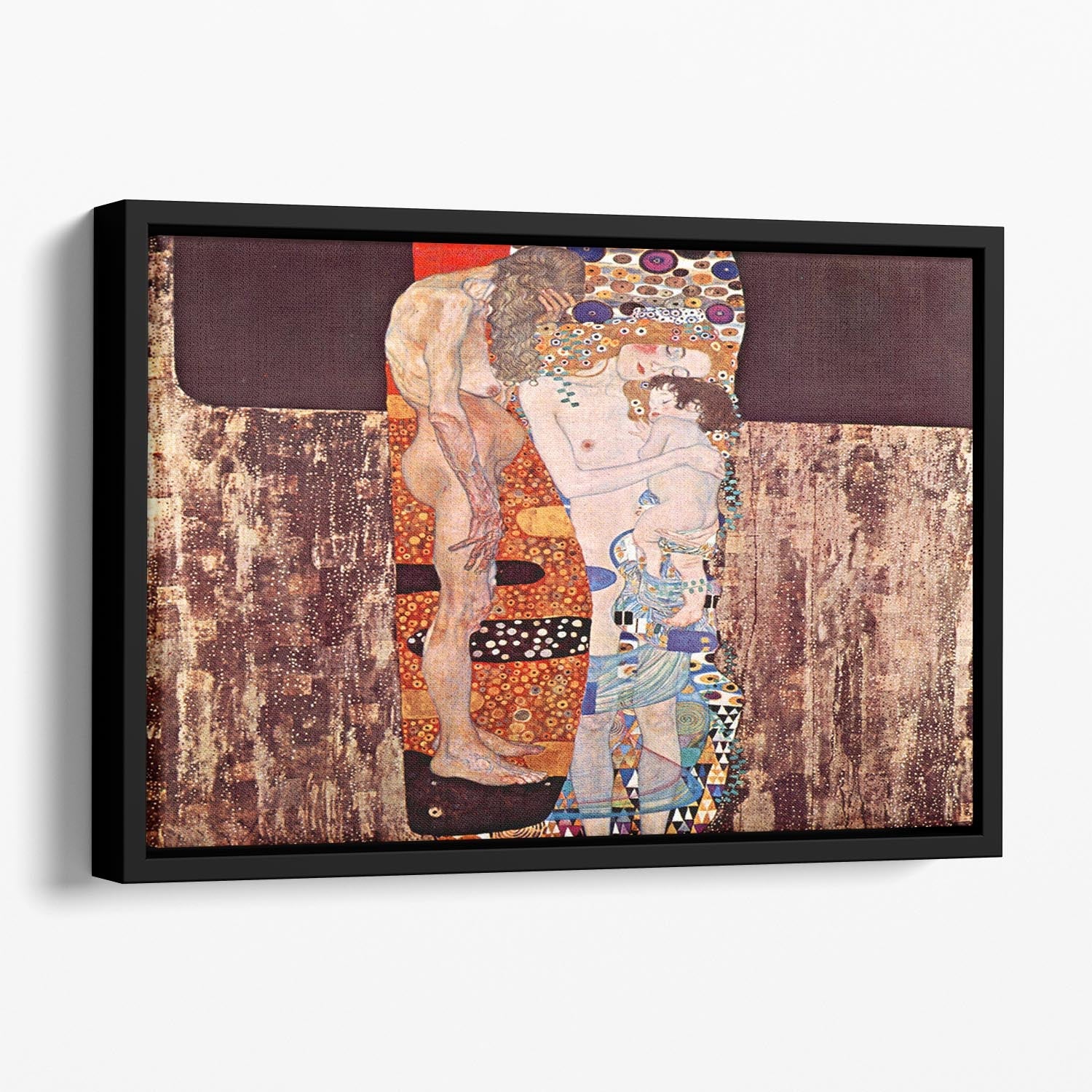 Floating framed canvas of Klimt's 'The Three Ages of a Woman', showcasing vibrant colors and intricate details.