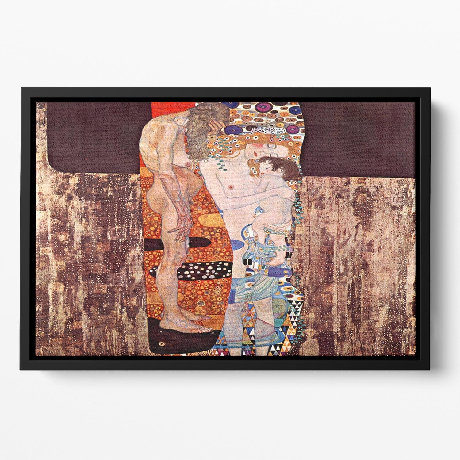 Floating framed canvas of Klimt's 'The Three Ages of a Woman', showcasing vibrant colors and intricate details.