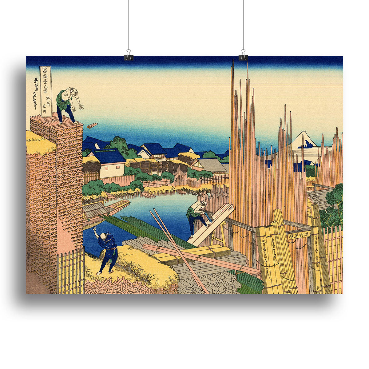 The Timberyard at Honjo by Hokusai canvas print showcasing intricate details and vibrant colors of Japanese nature.