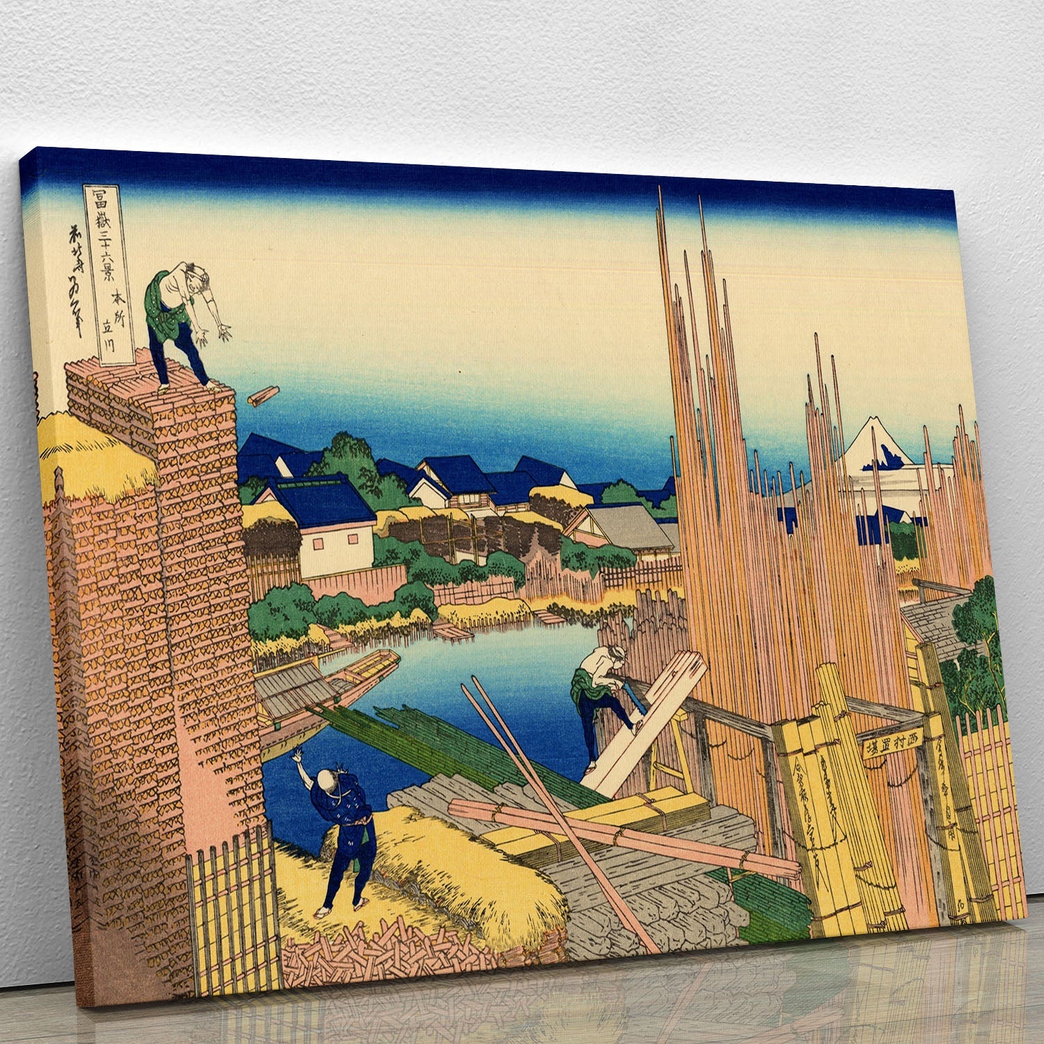 The Timberyard at Honjo by Hokusai canvas print showcasing intricate details and vibrant colors of Japanese nature.