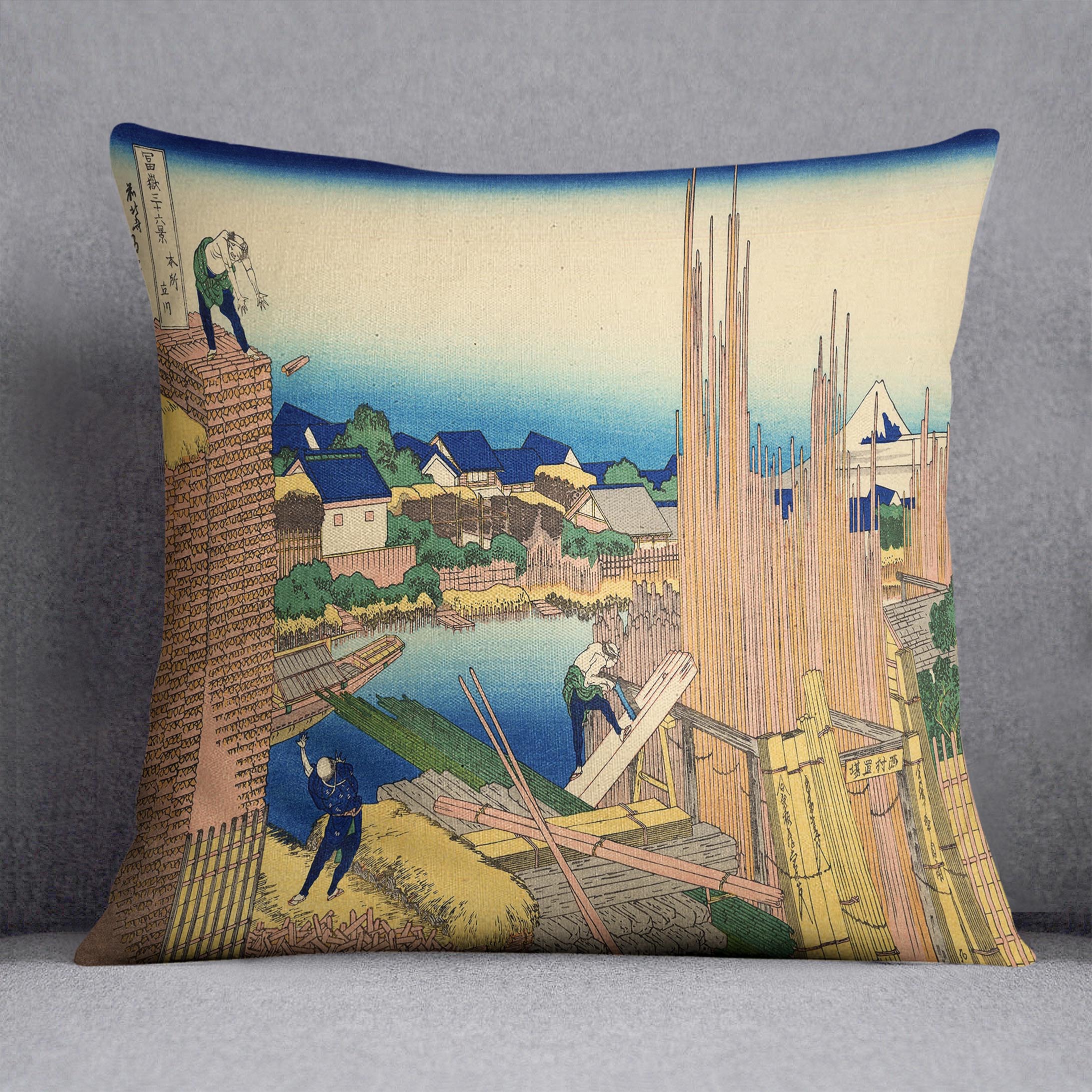 The Timberyard at Honjo by Hokusai Cushion featuring vibrant abstract designs on luxurious vegan faux suede.