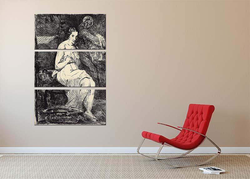 The Toillette by Manet 3-panel canvas print showcasing elegant artwork in a modern setting.