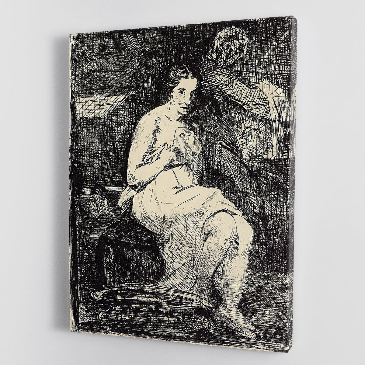 Canvas print of 'The Toillette' by Manet, featuring a woman in a serene setting, showcasing elegance and artistic detail.