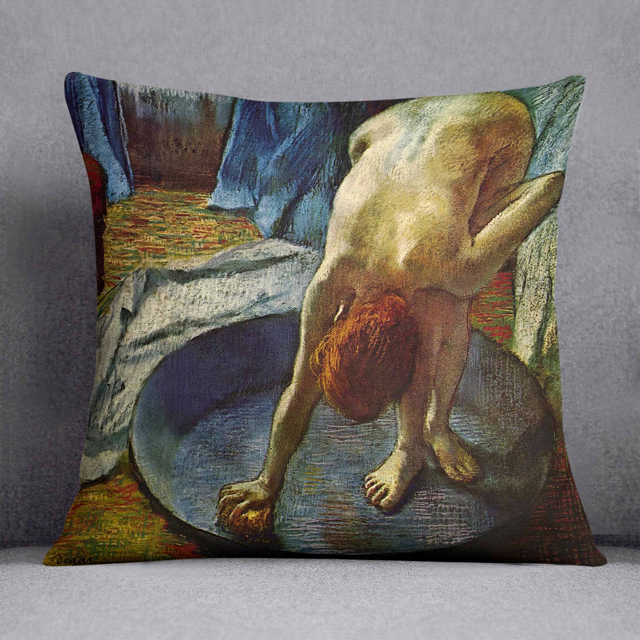 The Tub by Degas Cushion featuring vibrant abstract designs on luxurious vegan faux suede, perfect for home decor.